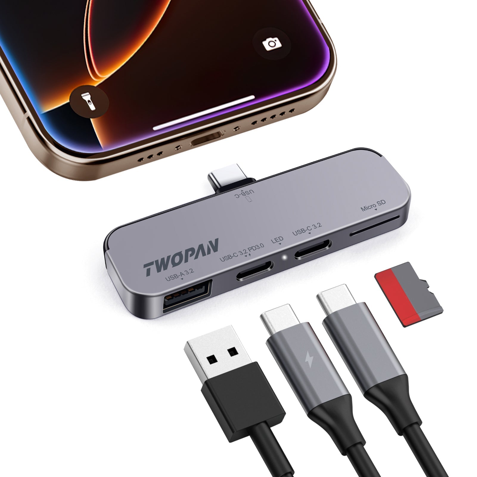 Twopan 4 - in - 1 USB - C Hub for iPhone 16 15 Aluminum Case with Dual USB - C, Micro SD & USB - A Ports - TWOPAN
