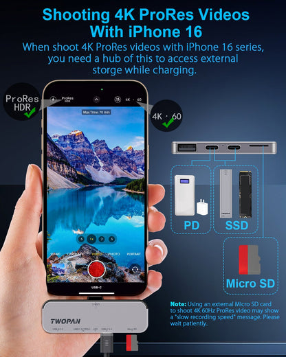Twopan 4 - in - 1 USB - C Hub for iPhone 16 15 Aluminum Case with Dual USB - C, Micro SD & USB - A Ports - TWOPAN