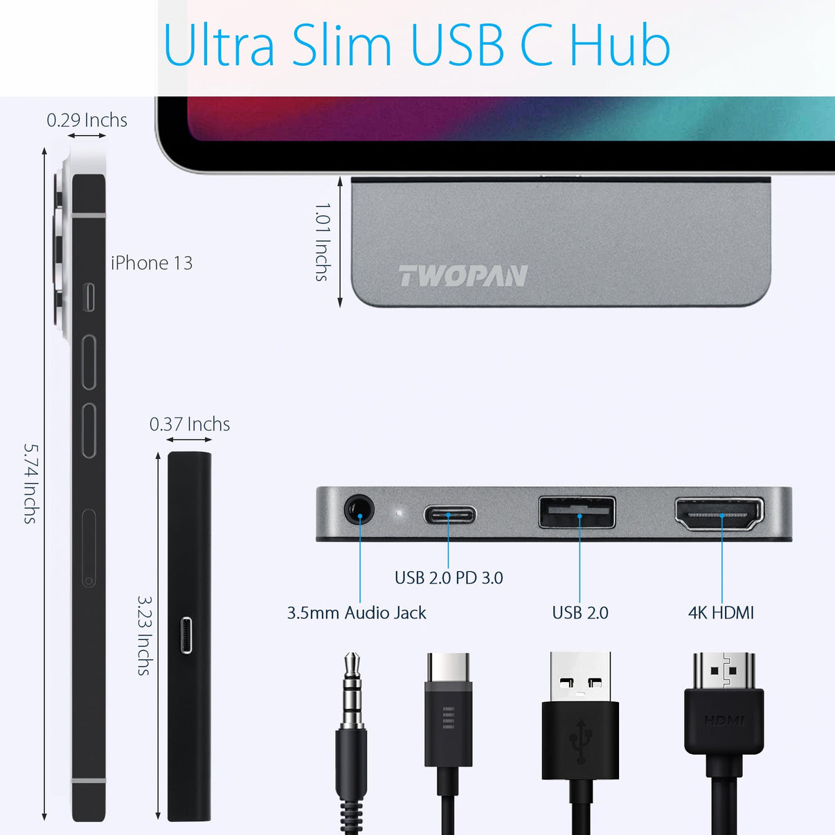 Twopan 4 - in - 1 USB - C Hub with 4K HDMI, USB - C PD Charging & 3.5mm Audio Jack – Compatible for iPad Pro 2021 M1 (12.9"), iMac 24", MacBook Pro 14"/16" M2 Pro/Max - TWOPAN
