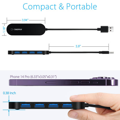 Twopan 4 - Port USB 3.0 Hub – Ultra - Slim Multiport Adapter for Laptop, Desktop, Mac, Surface Pro, XPS - TWOPAN