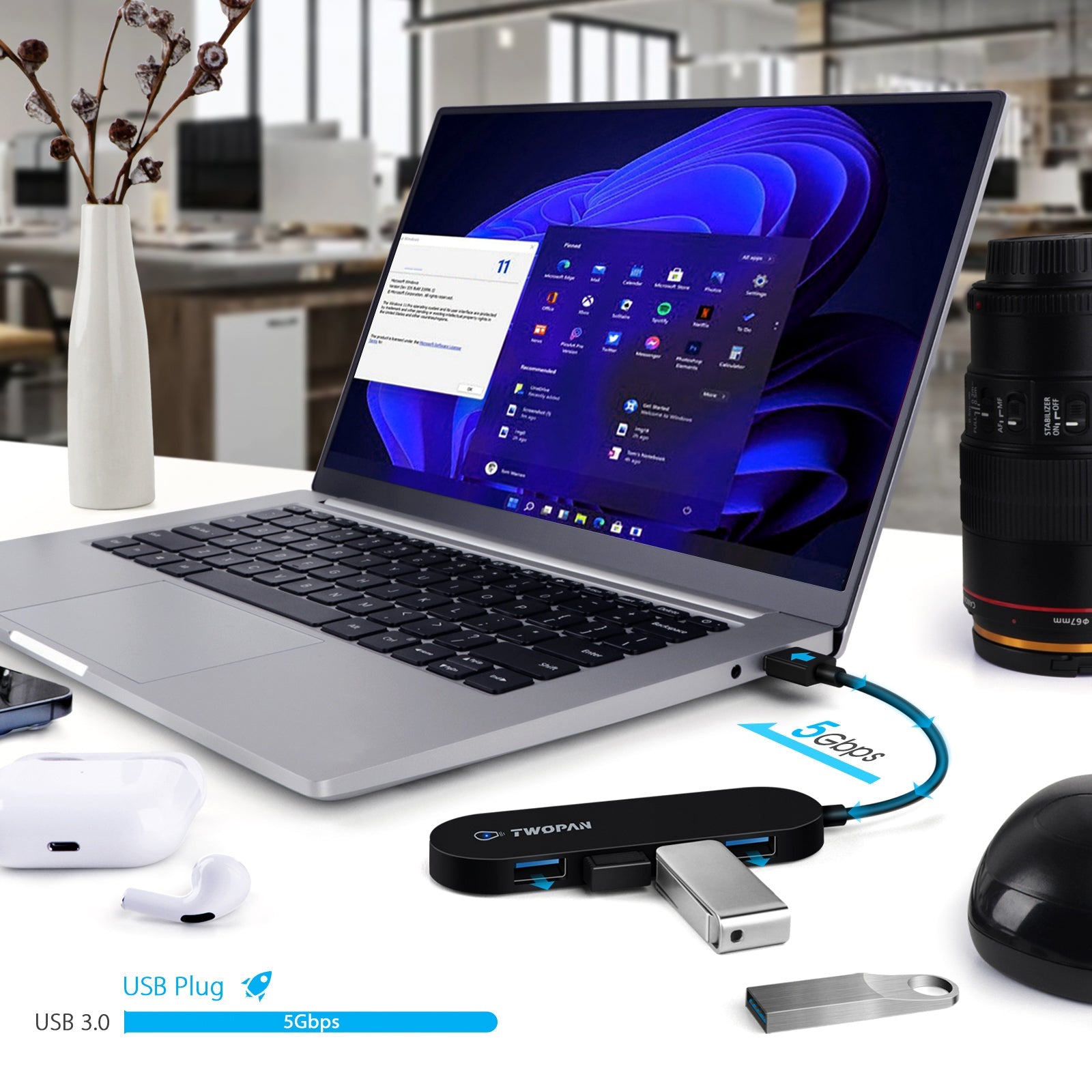 Twopan 4 - Port USB 3.0 Hub – Ultra - Slim Multiport Adapter for Laptop, Desktop, Mac, Surface Pro, XPS - TWOPAN