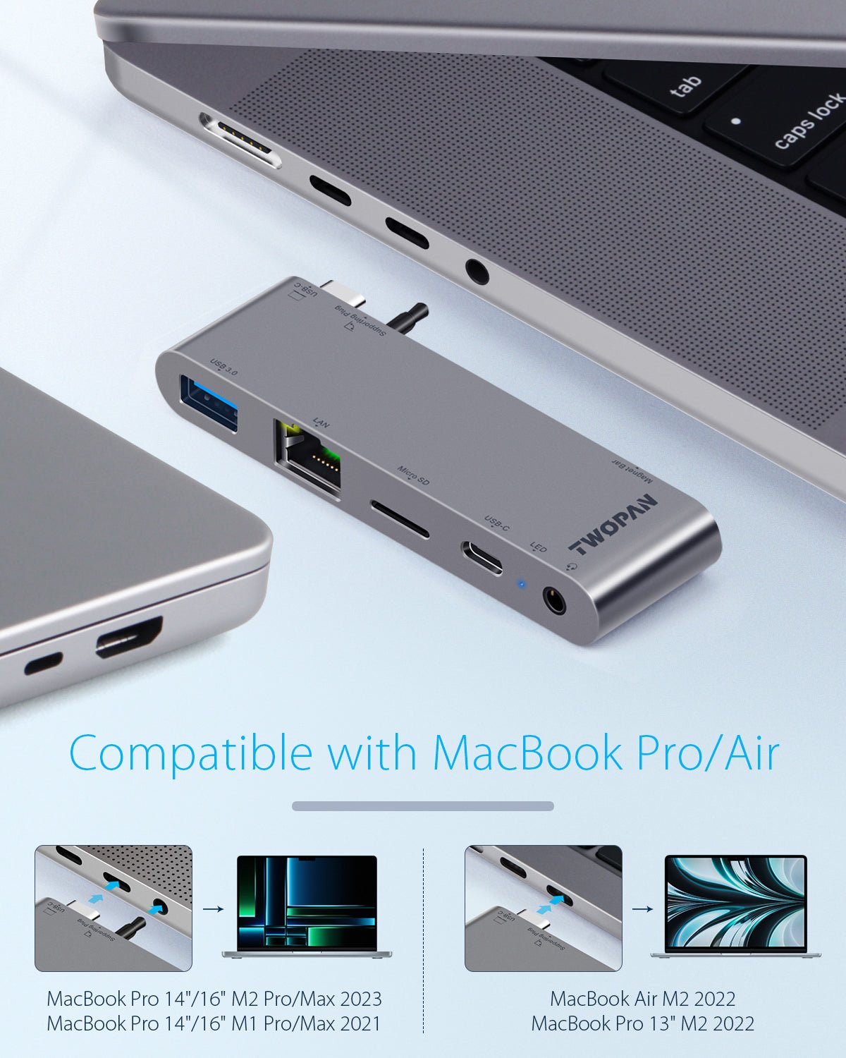 Twopan 5 - in - 1 USB - C Hub for MacBook Pro/Air M2 with 1000M LAN, Micro SD Reader, USB - C PD & 3.5mm Audio Jack - TWOPAN