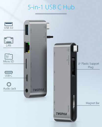 Twopan 5 - in - 1 USB - C Hub for MacBook Pro/Air M2 with 1000M LAN, Micro SD Reader, USB - C PD & 3.5mm Audio Jack - TWOPAN