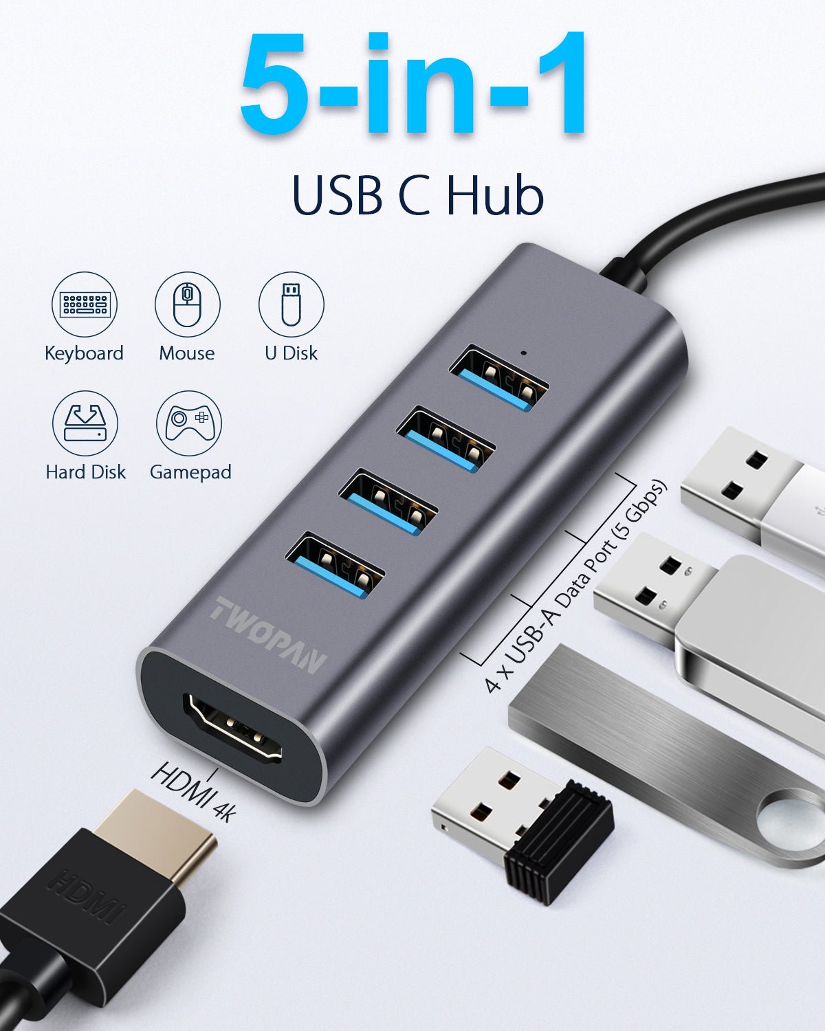 Twopan 5 - in - 1 USB - C Hub with 4K HDMI & 4 USB 3.0 Ports for Laptop, MacBook Pro/Air, iMac, iPad, Pixelbook, ThinkPad, XPS & USB - C Devices - TWOPAN