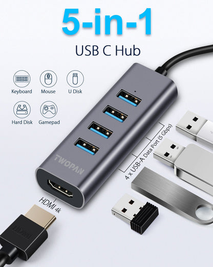 Twopan 5 - in - 1 USB - C Hub with 4K HDMI & 4 USB 3.0 Ports for Laptop, MacBook Pro/Air, iMac, iPad, Pixelbook, ThinkPad, XPS & USB - C Devices - TWOPAN