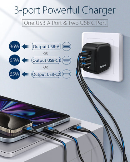 Twopan 65W USB - C GaN Charger 2 USB - C and 1 USB - A Ports - TWOPAN