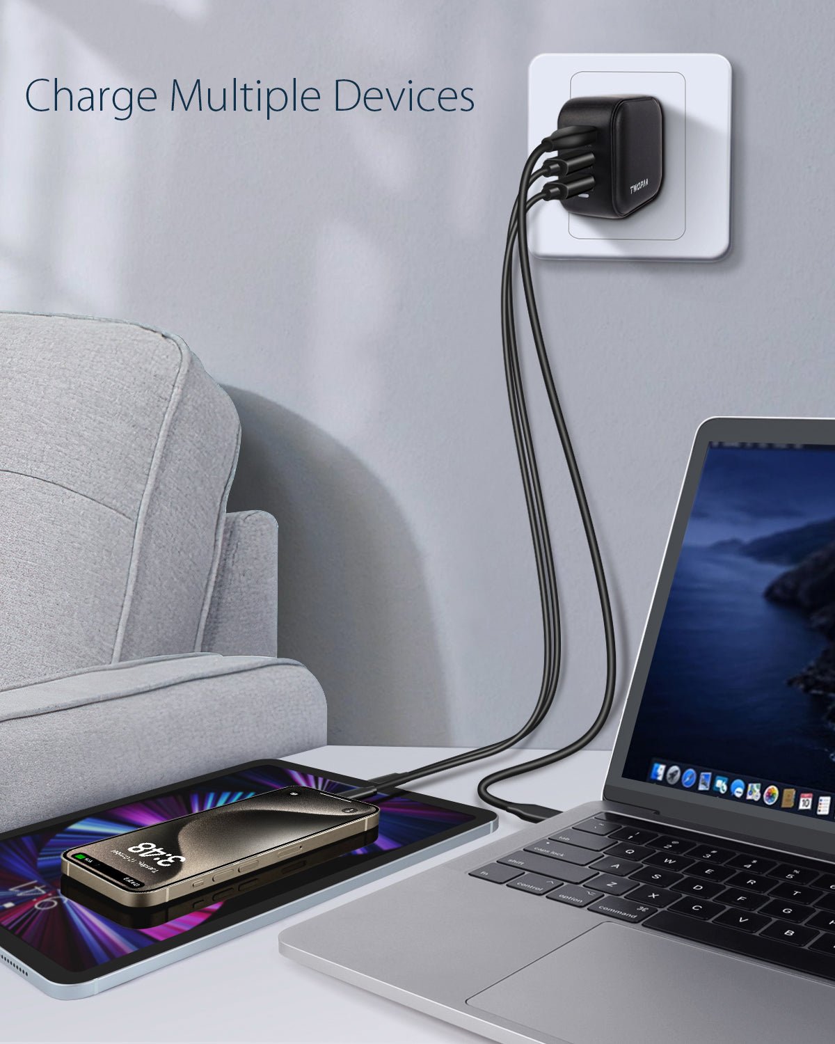Twopan 65W USB - C GaN Charger 2 USB - C and 1 USB - A Ports - TWOPAN