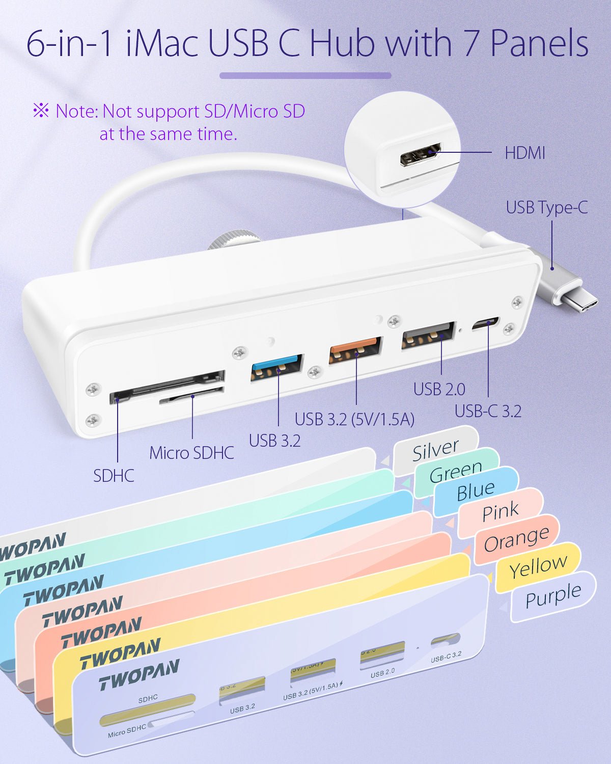 Twopan 7 - in - 1 USB - C Hub for iMac 2024/2023/2021 M4/M3/M1 with USB 3.2, 4K HDMI 60Hz, SD & MicroSD Card Readers, 7 Color Panels - TWOPAN