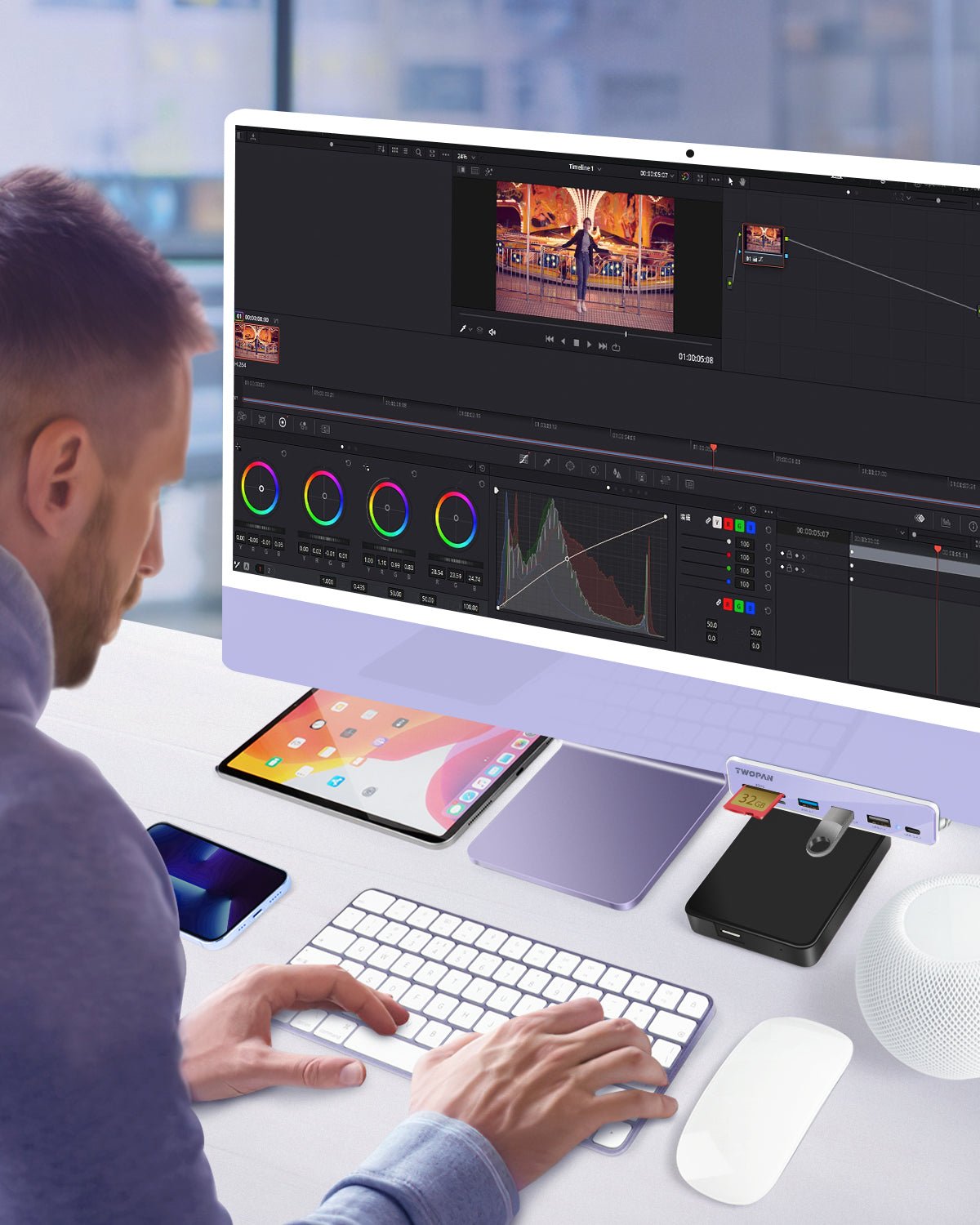 Twopan 7 - in - 1 USB - C Hub for iMac 2024/2023/2021 M4/M3/M1 with USB 3.2, 4K HDMI 60Hz, SD & MicroSD Card Readers, 7 Color Panels - TWOPAN
