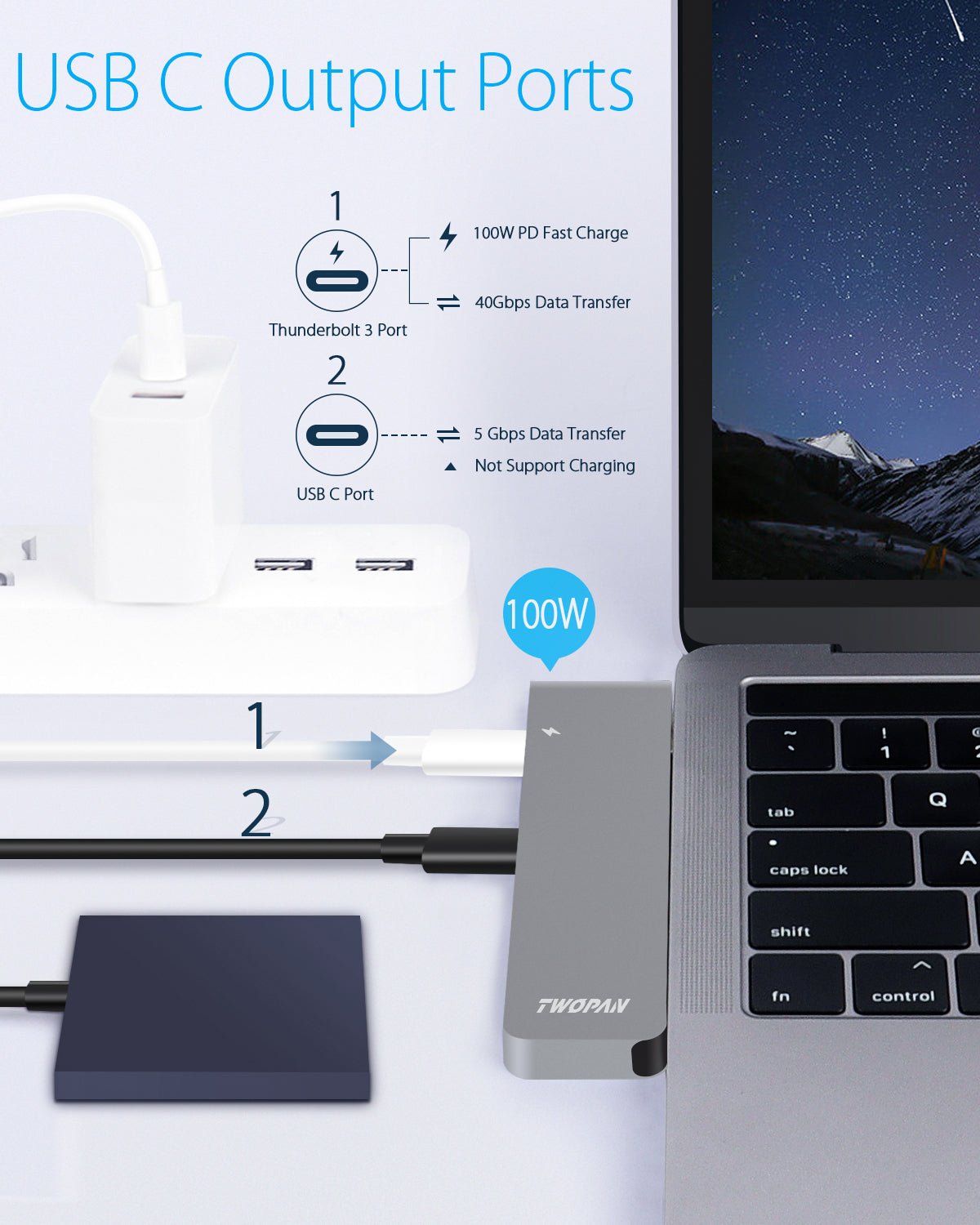Twopan 7 - in - 2 USB - C Hub for MacBook Pro & Air 4K HDMI PD Charging, USB 3.0, SD/TF Card Reader - TWOPAN