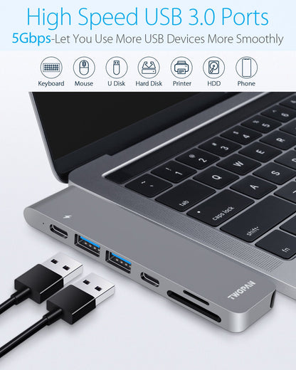 Twopan 7 - in - 2 USB - C Hub for MacBook Pro & Air 4K HDMI PD Charging, USB 3.0, SD/TF Card Reader - TWOPAN