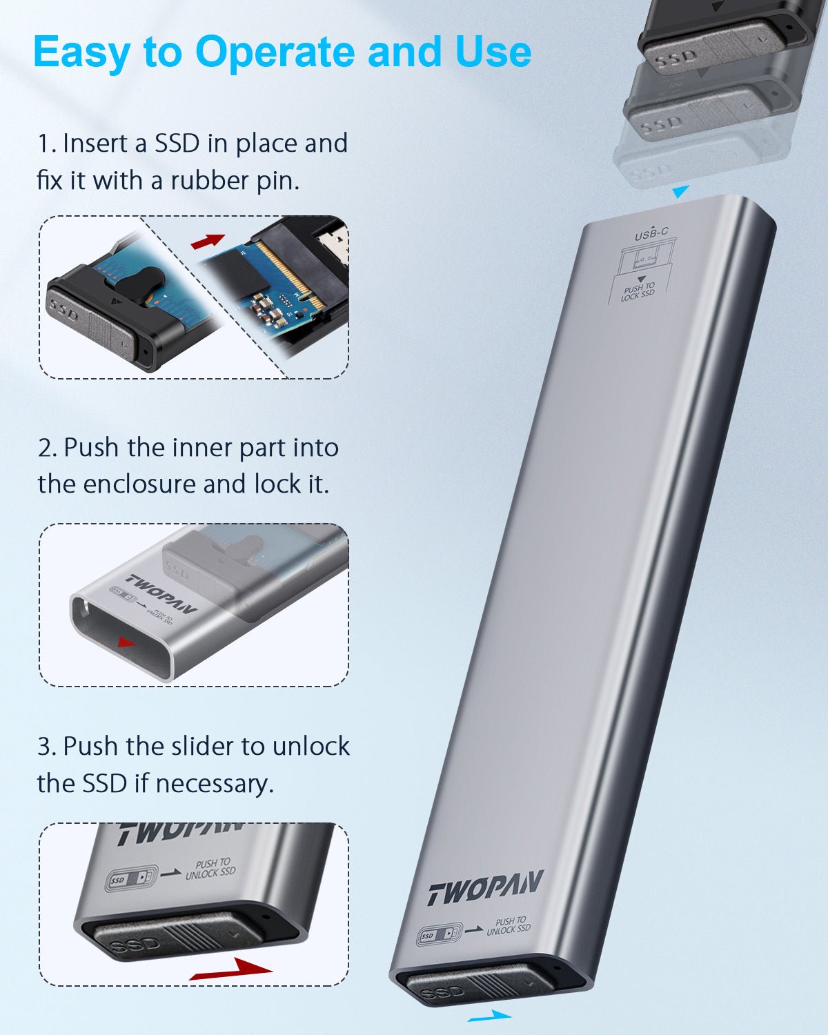 Twopan Aluminum M.2 NVMe & SATA SSD Enclosure Tool - Free USB 3.2 Gen 2 (10Gbps) for 2230/2242/2260/2280, Compatible with iPhone 16/15, MacBook, iMac & More - TWOPAN