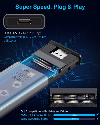Twopan Aluminum M.2 NVMe & SATA SSD Enclosure Tool - Free USB 3.2 Gen 2 (10Gbps) for 2230/2242/2260/2280, Compatible with iPhone 16/15, MacBook, iMac & More - TWOPAN