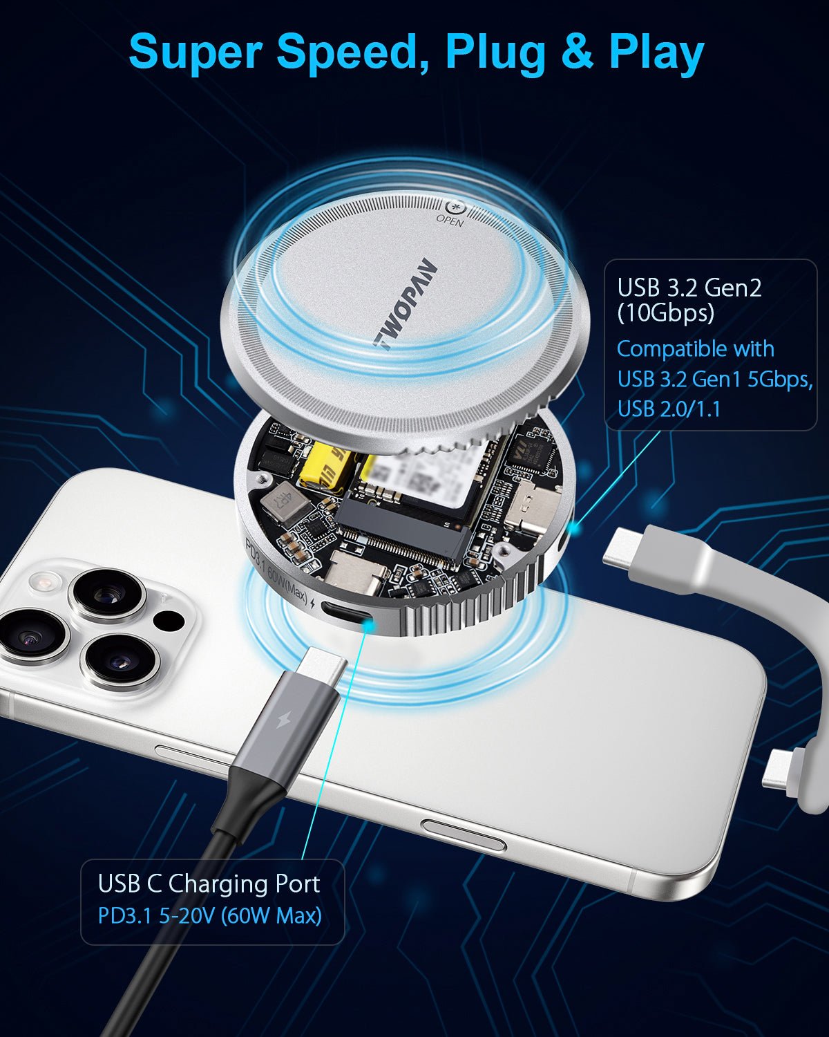 Twopan M.2 NVMe SSD Enclosure 2230 10Gbps with MagSafe - TWOPAN