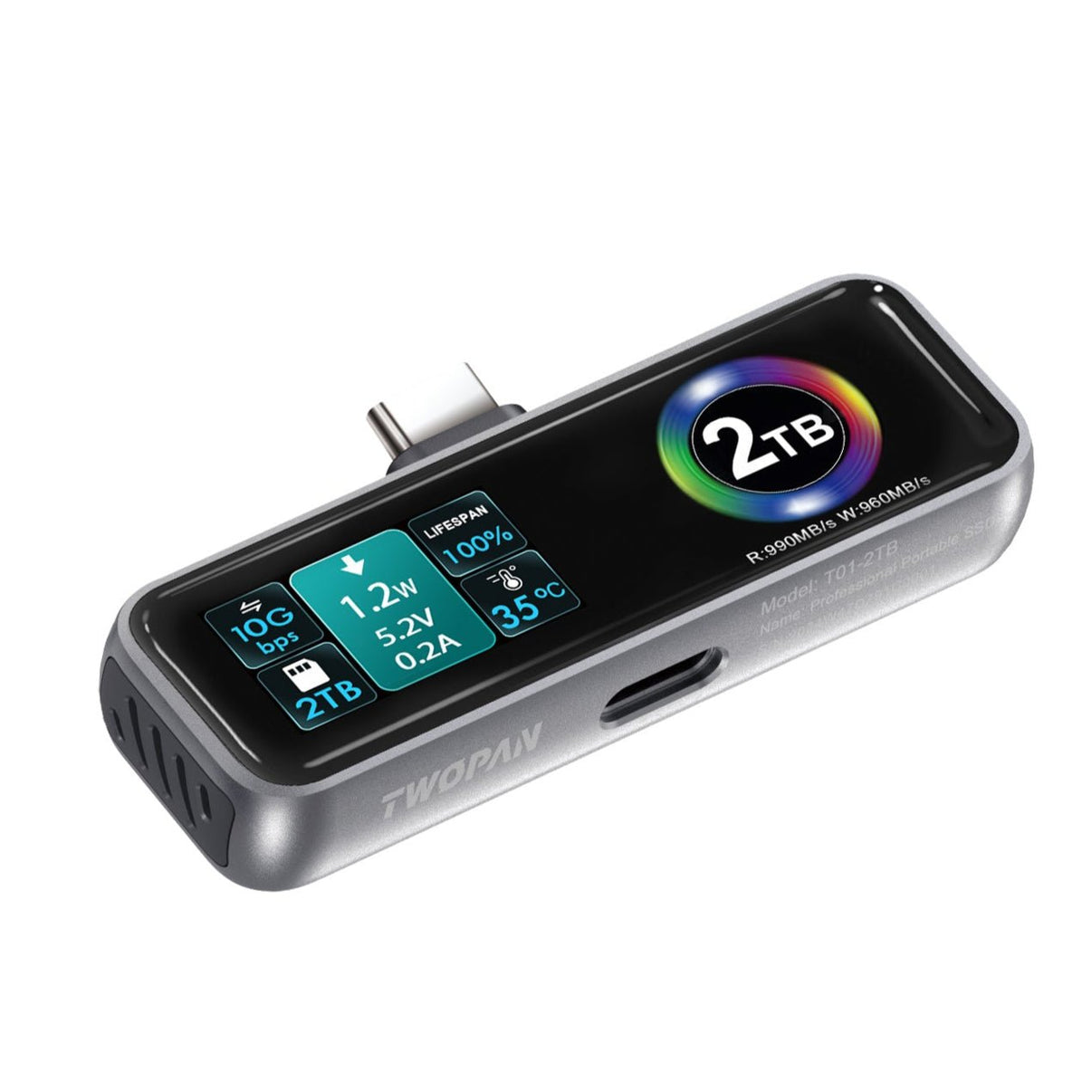 Twopan Portable SSD 2TB with LCD Display Cooling Fan Charging Port Supporting Apple 4K ProRes - TWOPAN