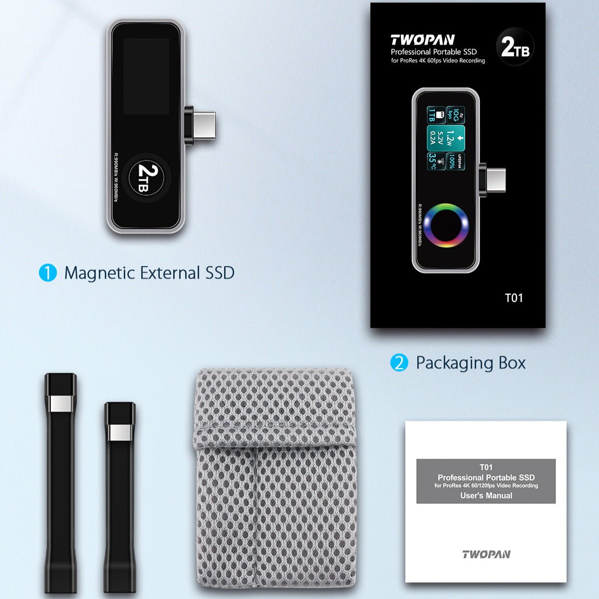 Twopan Portable SSD 2TB with LCD Display Cooling Fan Charging Port Supporting Apple 4K ProRes - TWOPAN