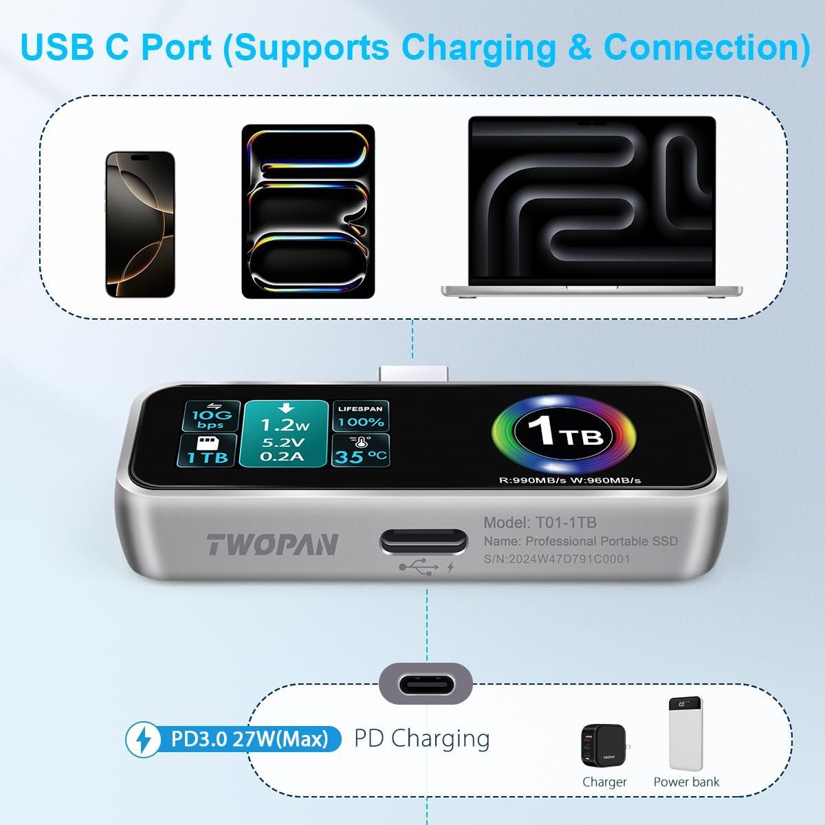 Twopan Portable SSD 2TB with LCD Display Cooling Fan Charging Port Supporting Apple 4K ProRes - TWOPAN